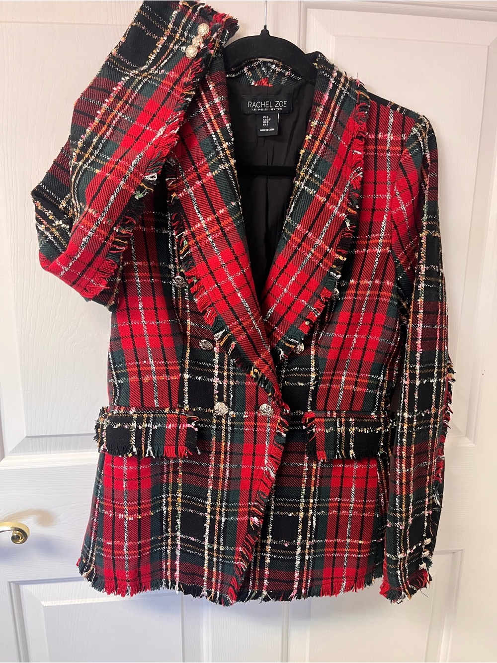 Rachel Zoe Red and Black Plaid Fringe Tweed Double-Breasted Blazer